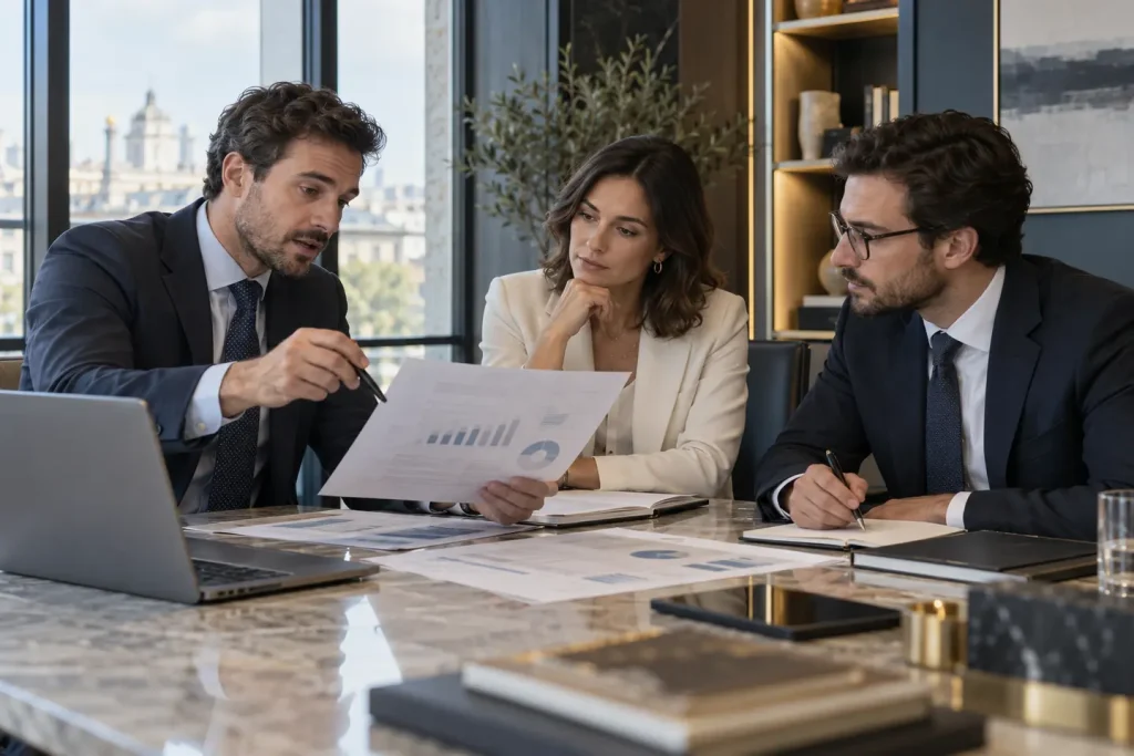 Consultores revisando una planificación fiscal y financiera para empresas