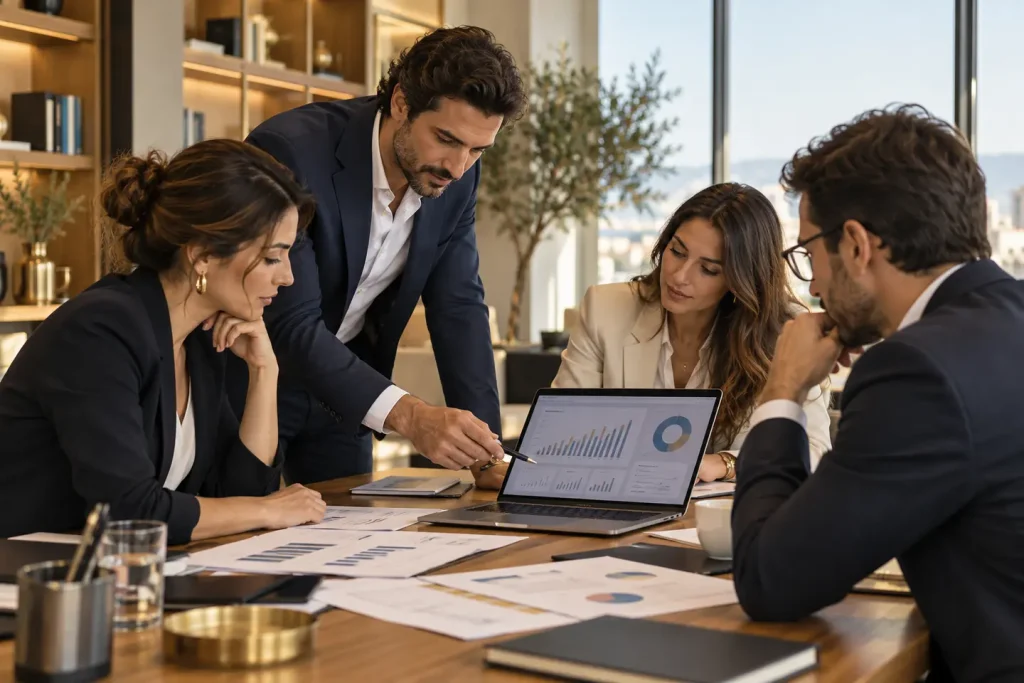 Equipo de consultoría financiera analizando indicadores de una empresa
